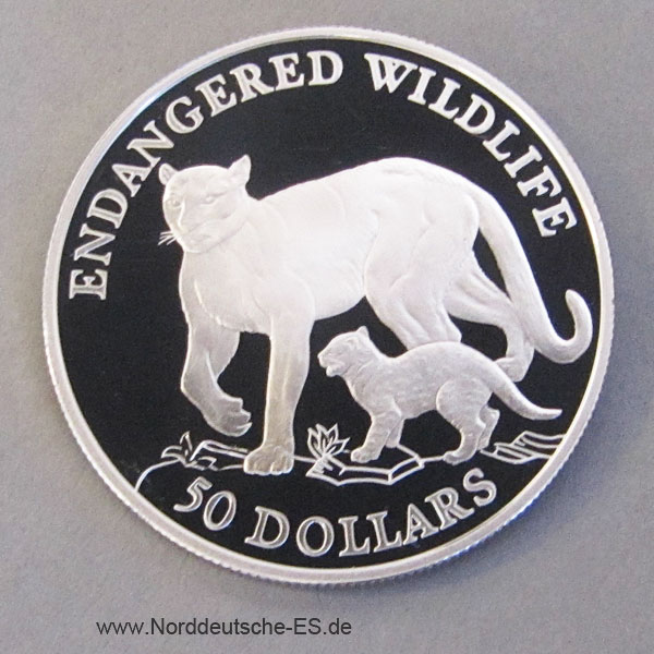 Cook Islands 50 Dollars Silber 1991 Endangered Wildlife Puma, Kugar, Silberlöwe