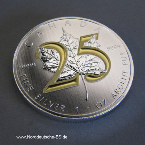 Kanada Maple Leaf 25 Jahre 1 OZ Silbermünze mit 24 Karat teilvergoldet