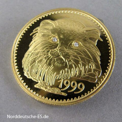 Mongolei 1000 Tugrik 583er Gold Katze Diamant Augen 1999