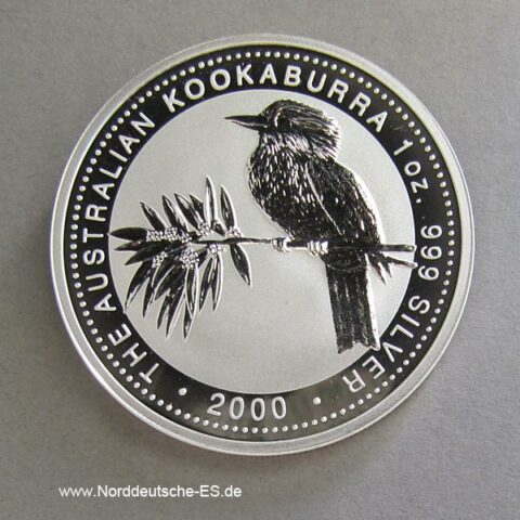 Silbermünze Kookaburra 1 OZ, Australien 2000, Feinsilber 999‰, Anlagesilber, Sammlermünze, 1 Dollar, 1 Unze Finesilver, gekapselt oder eingeschweisst