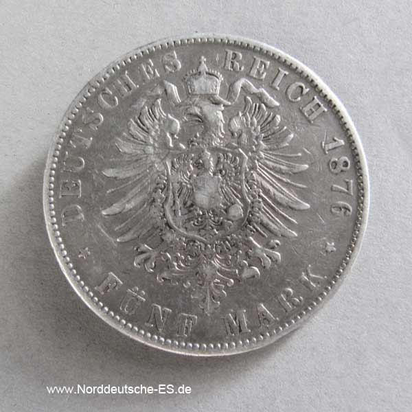 Deutsches Reich 5 Mark Silber Albert Sachsen 1876 E