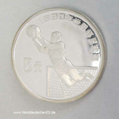 China 5 Yuan Silbermünze Fussball 1990