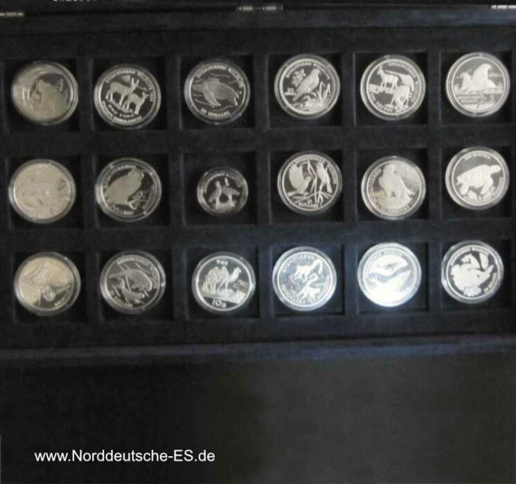 Endangered Wildlife 36 Silbermünzen PP seltene Sammlung Gefährdete Tierarten in Sammelbox mit Zertifikaten