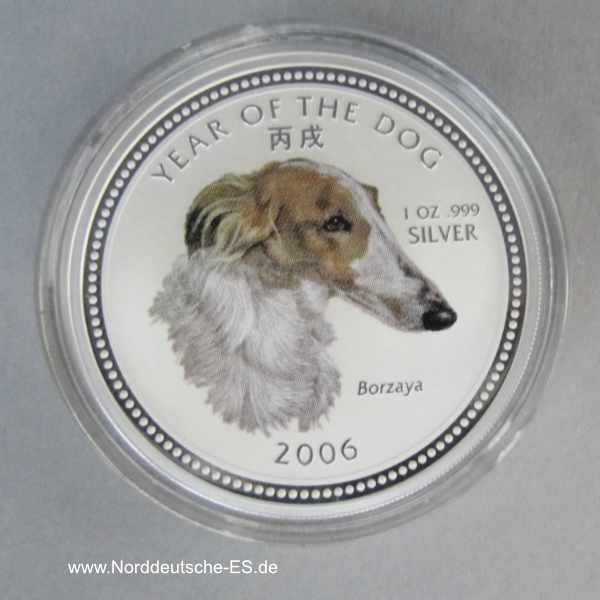 Kambodscha 1 oz Silber Year of the Dog Barsoi colored Silver Coin Borzaya