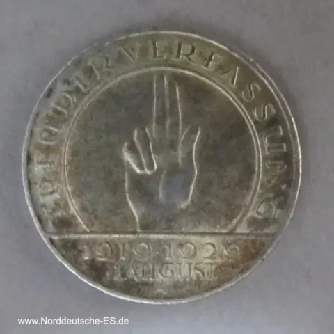 Deutsches Reich 3 Reichsmark Hindenburg Treu der Verfassung Schwurhand 1929 A