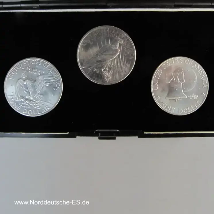 USA Original Amerikanische Silberdollars im Etui Set mit 3 Münzen und Zertifikat