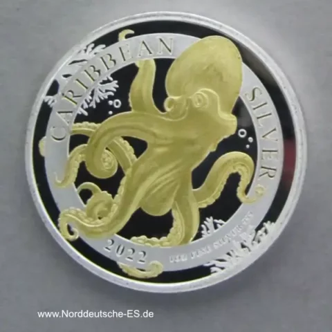 Barbados 1 Dollar Silber Octopus 2022 teilvergoldet