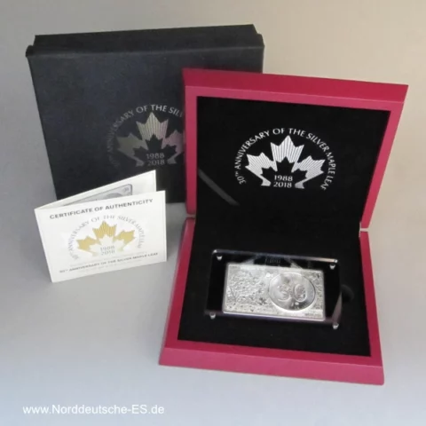 Kanada 5 Dollars Münzbarren Set 3 oz Silber Maple Leaf 30th Anniversary 2018