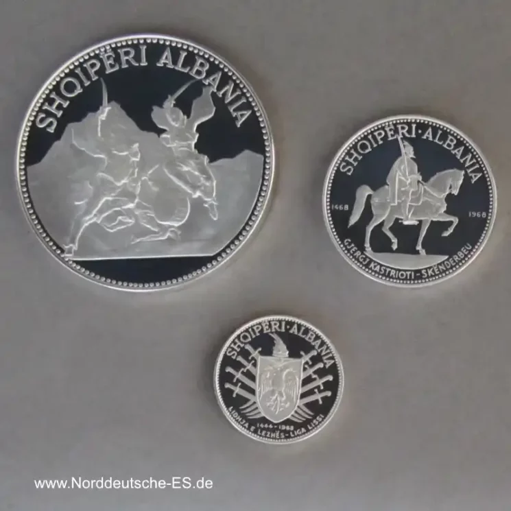 Albanien 3 Silbermünzen Set 5, 10, 25 Leke Skanderbeg 1970 Proof