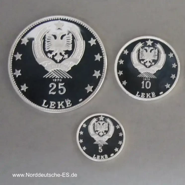 Albanien 3 Silbermünzen Set 5, 10, 25 Leke Skanderbeg 1970 Proof