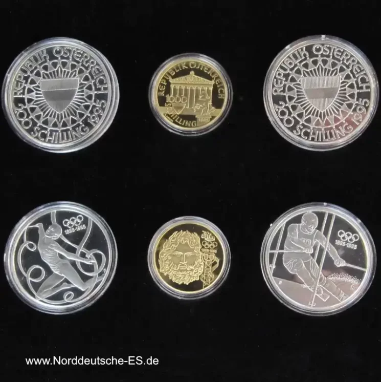 Coin Set der Münze Österreich Olympiade 1996 mit drei Münzen: 1 x Goldmünze Zeus, 2 x Silbermünze Rhytmic Gymnastic und Slalom Skier