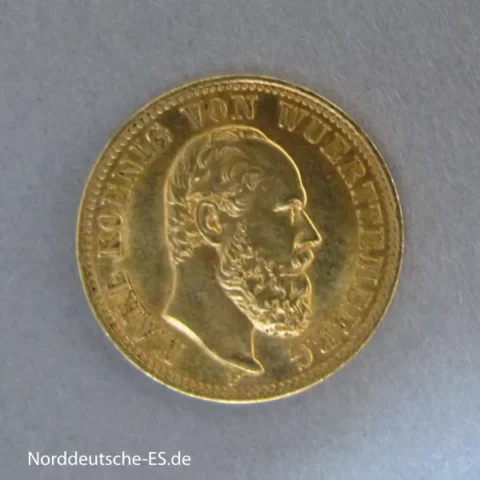 Deutsches Reich 5 Mark Gold Karl von Württemberg 1877 F