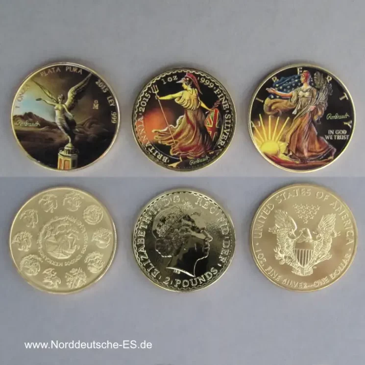Ounce of Art Rembrandt Coin Set 999 Silber Mexiko England USA 2015 - 24K vergoldet einseitig koloriert