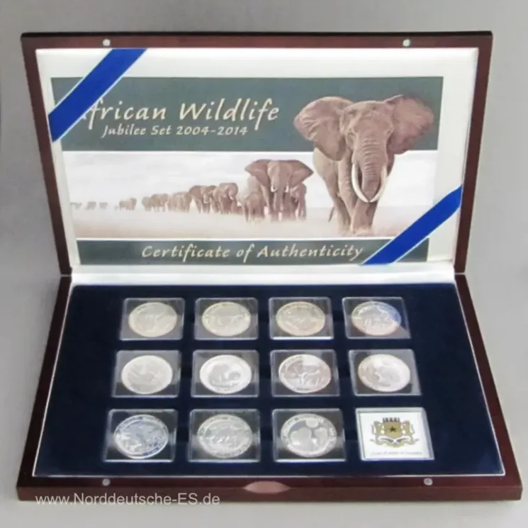 Somalia Elephants African Wildlife 11 x oz Silber Jubilee Set 2004-2014 - in Original Holzetui mit Zertifikat