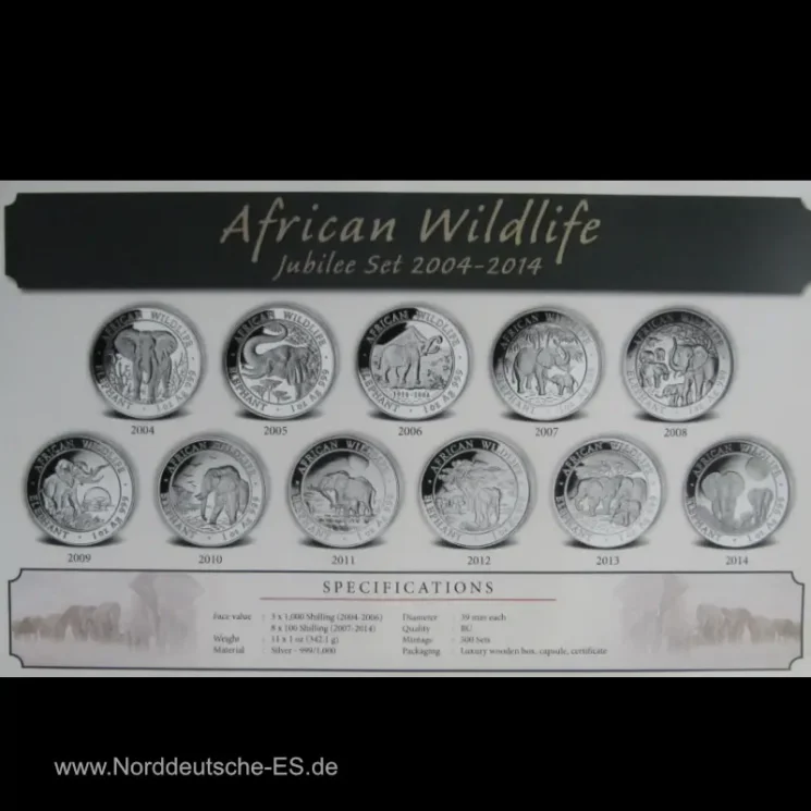 Somalia Elephants African Wildlife 11 x oz Silber Jubilee Set 2004-2014 - in Original Holzetui mit Zertifikat